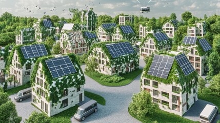 detailed 3D model of a net-zero urban environment, featuring solar panels on buildings, electric vehicles, and lush green spaces connecting city structures.