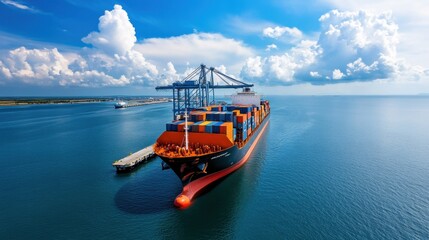 Fototapeta premium High Angle View of Deep Sea Port with Cargo Ship