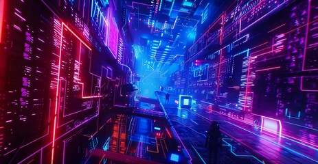 Within a virtual reality simulation, explorers navigate a digital world of intricate circuits and neon structures, uncovering secrets of a hidden realm.