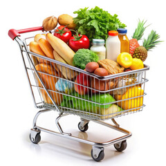 Shopping cart full of groceries isolated on white background. Healthy food concept.