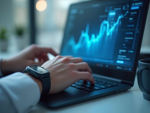 Business Professional Analyzes Stock Market Trends on Laptop While Wearing a Smartwatch, Working at a Modern Office During the Afternoon
