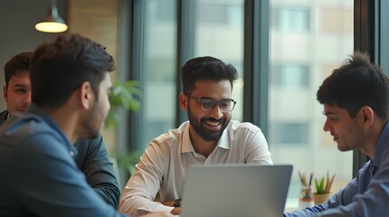 Indian young businesspeople using laptop in group meeting at desk brainstorming  business expertise discussion meeting group for professional Asian teamwork colleagues success together at workplace