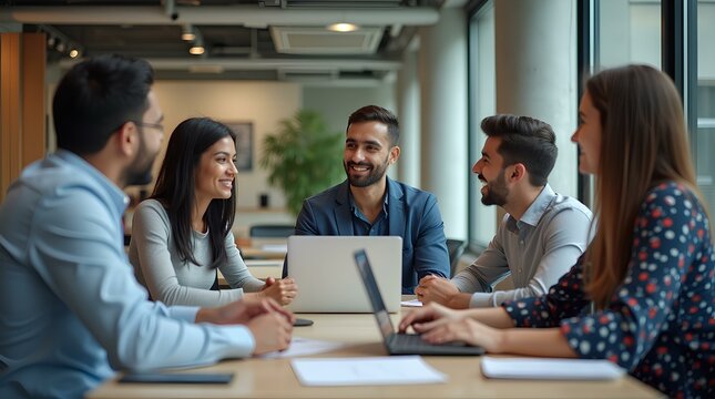 Indian young businesspeople using laptop in group meeting at desk brainstorming  business expertise discussion meeting group for Asian professional teamwork colleagues success together in workplace