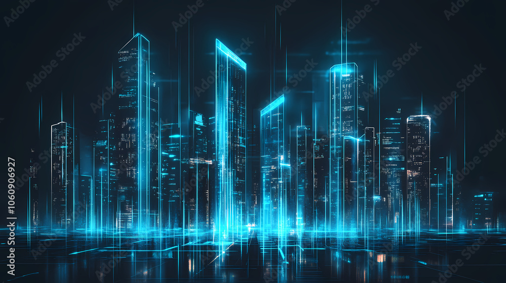 Wall mural Light metropolis futuristic feeling dystopic dark runner technological neon city cyberpunk digital day scrapers urban. Neon Blade City. Illustration