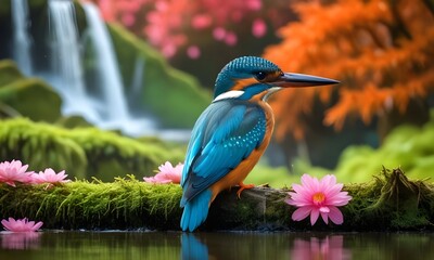 Naklejka premium A colorful kingfisher bird perched on a mossy log near a waterfall with pink flowers