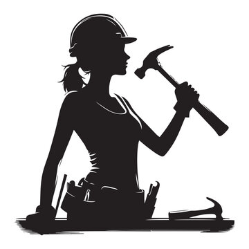 silhouette woman builder with hammer clip art preview