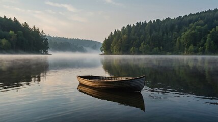 A serene wooden boat floating on a misty lake at dawn surrounded by lush forest and calm waters in early morning light