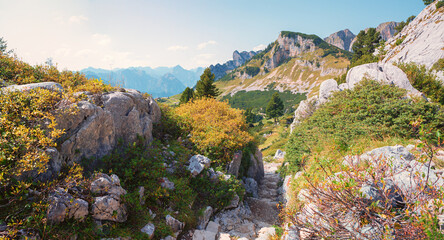 adventurous hiking trail rofan alps, austrian landscape in october