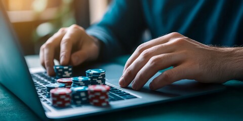 Fototapeta premium A man's hands are seen on a laptop computer with poker chips scattered around. The man is likely playing online poker.
