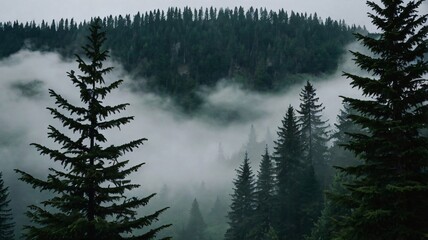 Dense fog envelops towering pine trees in a tranquil forest landscape during early morning hours in a secluded mountainous region
