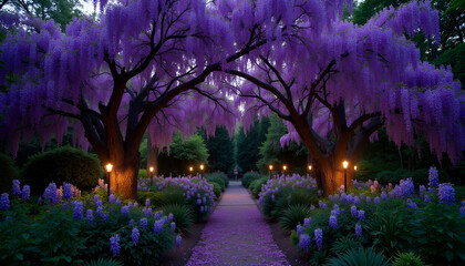 Wisteria trees in a mystical garden illuminated by lanterns at dusk with a vibrant purple color scheme