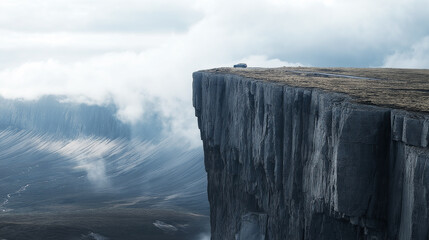 A solitary car on the edge of a high cliff under a moody sky, presenting a dramatic and adventurous moment with breathtaking views of the distant landscape.