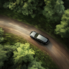 A car seen from above driving along a narrow forest path, surrounded by dense greenery and shadows, giving a sense of seclusion and adventure in nature.