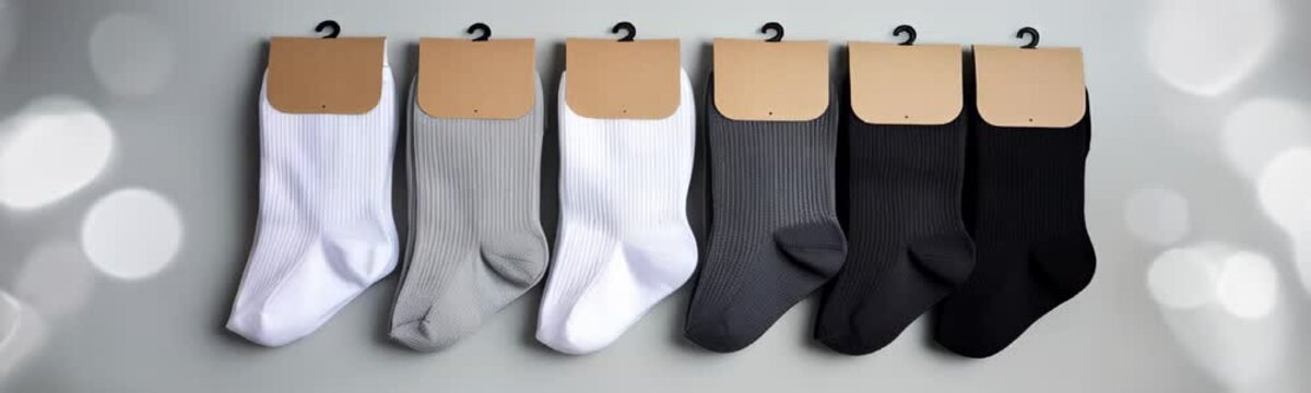 Set of new socks. Socks with clean label for design. Set of socks with cardboard tags for retail. pair of socks in different colors. mock up for advertising, branding, design