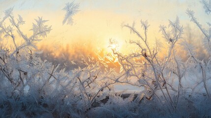 Fototapeta premium Frost Patterns on Window Pane at Sunset.
