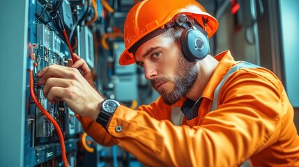 An electrician in a hard hat and ear protection works on electrical wiring.