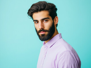 Obraz premium Portrait of a confident young man with a stylish beard and hairstyle against a solid blue background, perfect for professional use or personal branding.