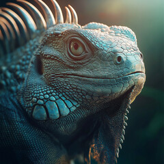 Fototapeta premium Close-up of a large iguana with intricate scales and a sharp expression, set against a blurred natural background highlighting its reptilian features.