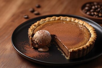 Delightful chocolate tart with ice cream and cocoa dusting on dark plate