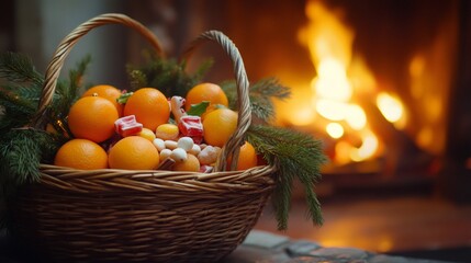 Naklejka premium Christmas gift basket, festive basket filled with treats, toys, and fruit next to a cozy fireplace, symbolizing St Nicholas gifts