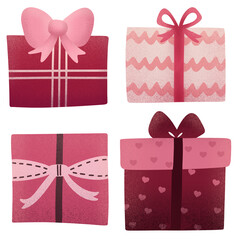 Four pink gift boxes different designs for valentine&rsquo;s day, illustration set, collection isolated