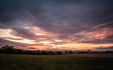 A beautiful sunset over a serene field with trees in the foreground
