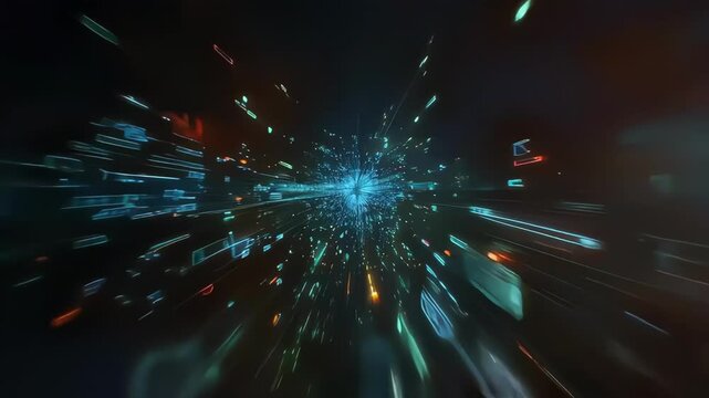 Dynamic digital abstract explosion of colorful data elements and icons.