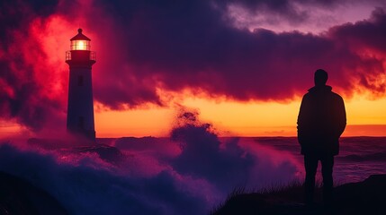 A lone man silhouetted against a dramatic sunset, gazing towards a lighthouse on a stormy sea.