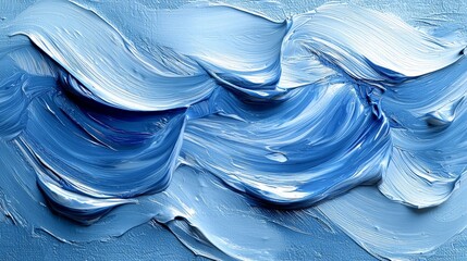 Abstract blue waves of paint create a textured, ocean-like appearance.