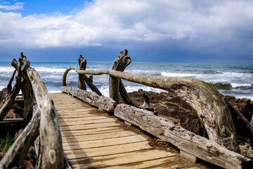 Wooden bridge over a small river on the ocean coast near a wet forest in Olympic National Park