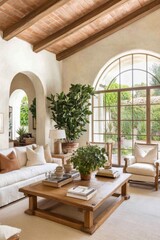 Cozy and Inviting Mediterranean-Style Living Room with Beamed Ceiling