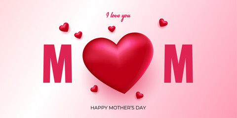Happy Mothers Day banner. Holiday background with big heart  on soft pink background. Design for fashion ads, poster, flyer, card, website