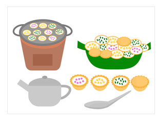 Kanom Krok.Coconut rice pancake.Thai coconut milk dessert with topping.Thailand street food.Thai traditional.Coconut pudding.Sign, symbol, icon or logo isolated.Cartoon vector illustration.