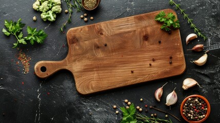 Wooden cutting board with herbs and spices on black stone table. Menu mock up with space for text. Top view