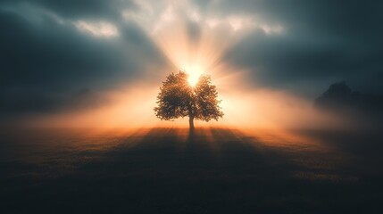 A lone tree stands tall in a misty field, bathed in the golden glow of sunrise.