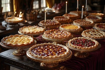 Vintage table laden with assorted gourmet pies on elegant stands in cozy candlelit setting