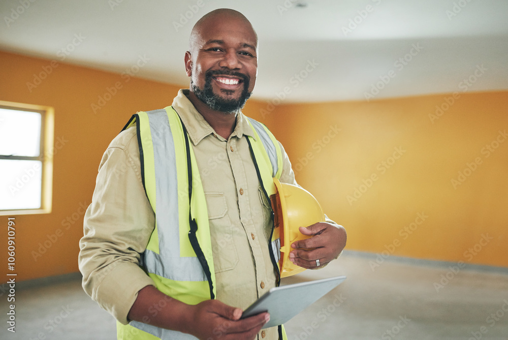Poster black man, smile and tablet in construction site as engineer, supervisor or project manager on prope