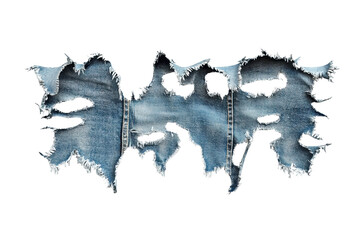 Stylish torn denim fabric showcasing intricate fraying and ripped edges, perfect for fashion and design projects focusing on texture and style.