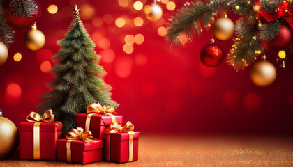 Tarjeta de felicitación navideña con abeto, adornos y regalos de navidad rojos y dorados con espacio para texto y diseño de crismas de fin de año