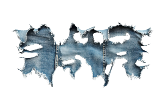 Stylish torn denim fabric showcasing intricate fraying and ripped edges, perfect for fashion and design projects focusing on texture and style.