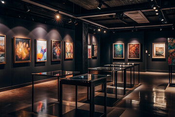 A modern art gallery with various paintings displayed on black walls under track lighting. A black square platform sits in the center of the room.
