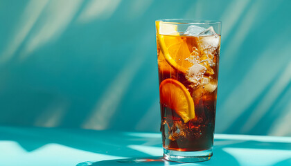 Glass of ice cold tea sits on a blue table. The ice cubes in the glass are melting, creating a refreshing drink. Concept of relaxation and enjoyment