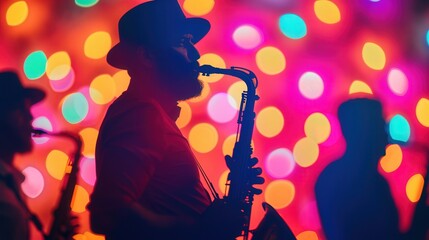 Naklejka premium Carnival Musicians Silhouette, vibrant celebration of cultural heritage, joyful atmosphere, lively colors, dynamic scene, ample space for text, deep depth of field captures energy.