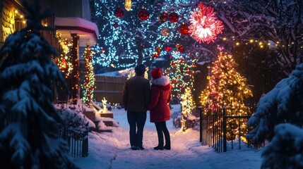 Fototapeta premium Snowy Winter Night Couple Christmas Lights Holiday