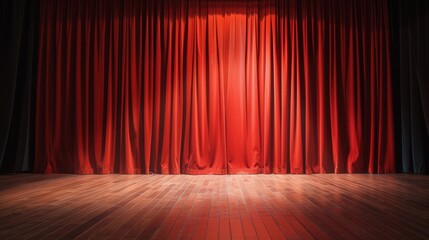 Stage Curtains Illuminated, a captivating display of rich textures and deep colors, exuding a classic theater ambiance with dramatic lighting enhancing the scene.