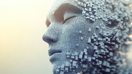 A visually captivating 3D human head constructed from a mesh of interconnected cubes, displaying a rich texture and intricate details