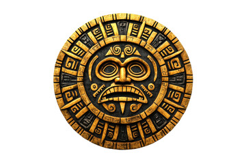 Detailed Aztec calendar stone illustration featuring intricate carvings in gold and black, symbolizing ancient Mesoamerican culture.