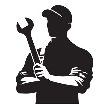 recommend clip art: Mechanic with wrench silhouette vector black color and solid white background 