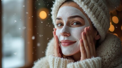 Closeup of a woman applying a hydrating face mask, cozy winter setting, wearing a fluffy sweater, soft lighting, snow falling gently outside the window