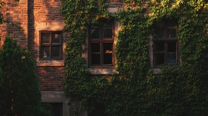 A brick wall with three windows covered in ivy. The middle window is broken.